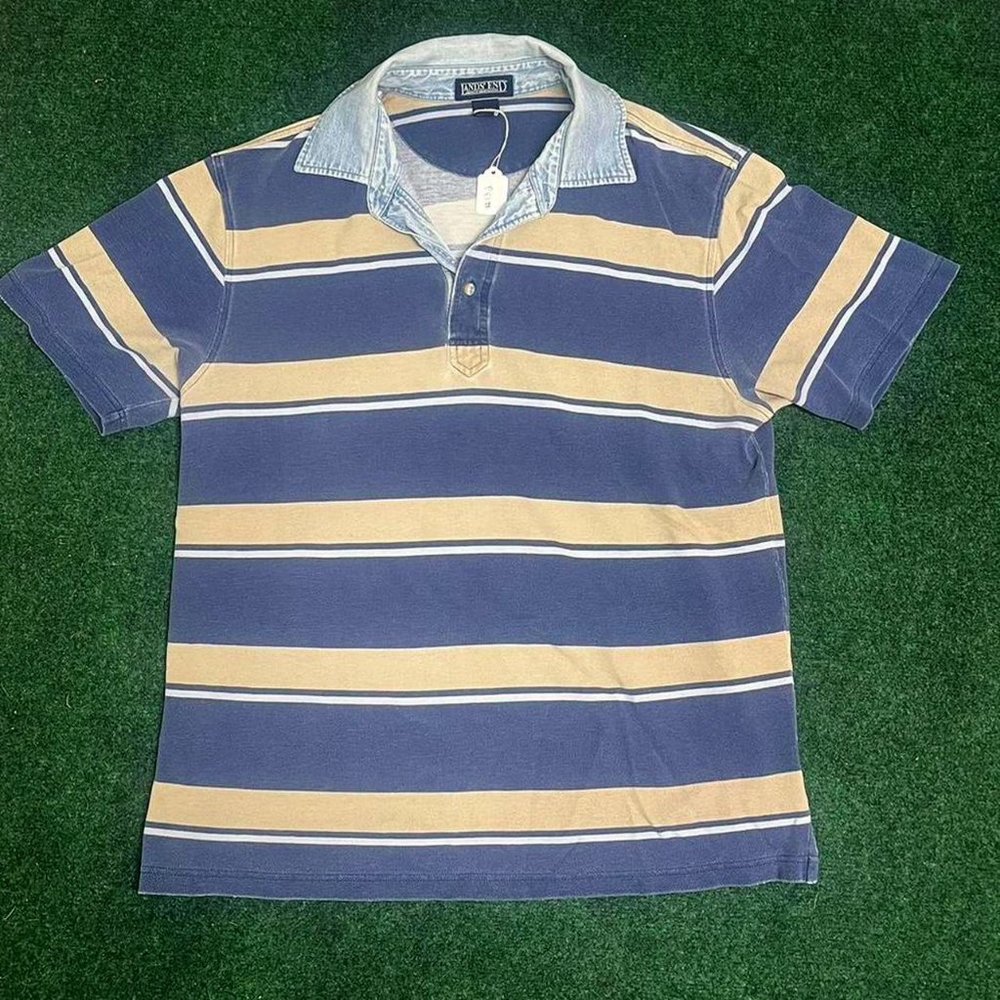 Vintage Land's End Denim Collar Striped Polo Shirt.